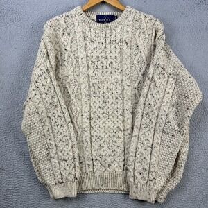 Tivoli Merino Aran Pure New Wool Sweater Crewneck Mens XL‎ Beige Fisherman Knit